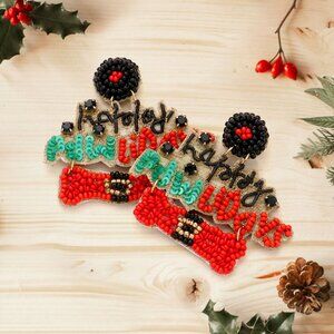 Dog Cat Pet Lovers Seed Beaded Rhinestone India Artisan Christmas Earrings NEW